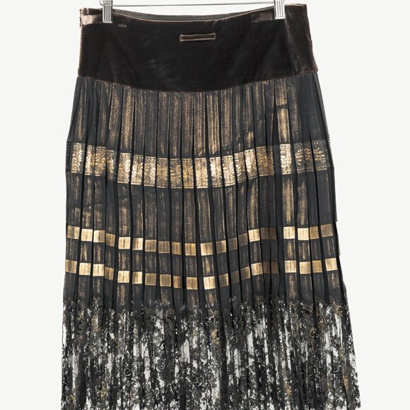 Jean Paul Gaultier Black Silk Gold-Foil Pleated Lace-Hem Midi Skirt - Picture 2 of 13